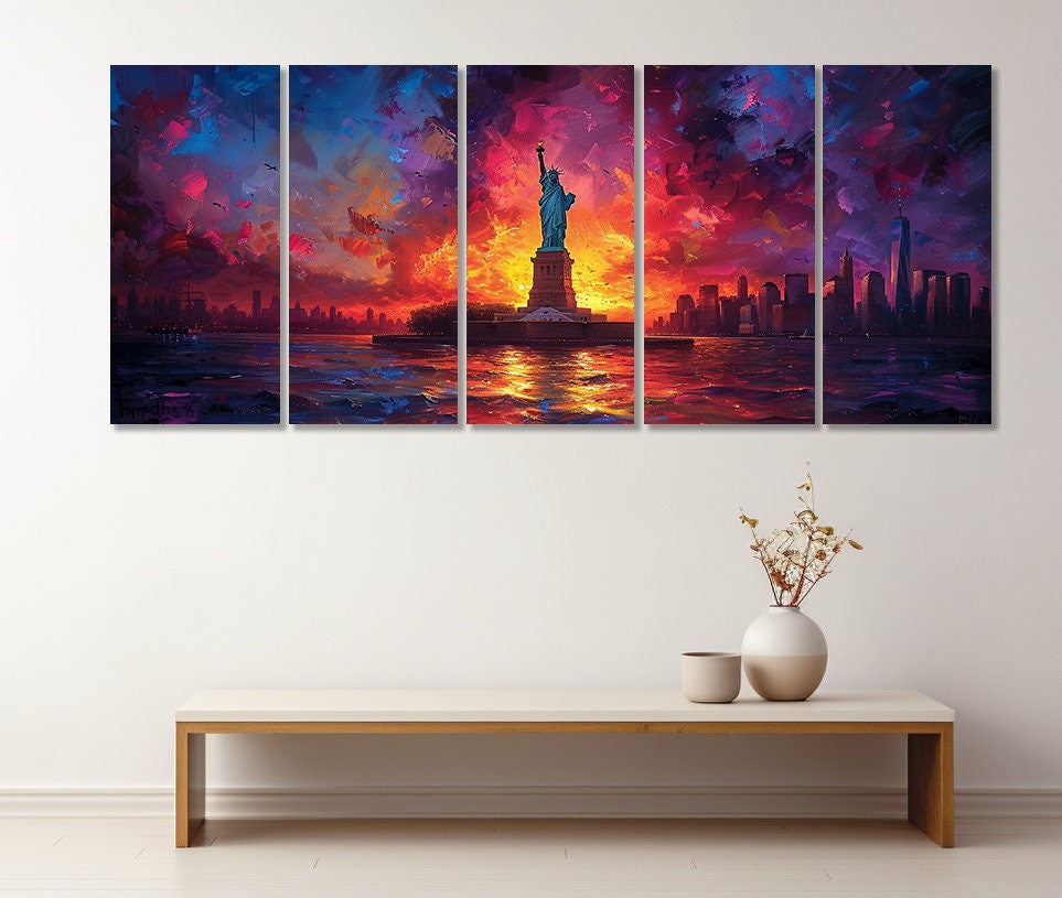 New York Skyline Canvas - Panoramic Cityscape Print on Cotton Canvas, Framed Multi Panel Art