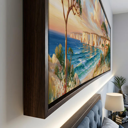 a large, framed painting depicting a scenic coastal landscape with a rocky shore, a tree, and a body of water.