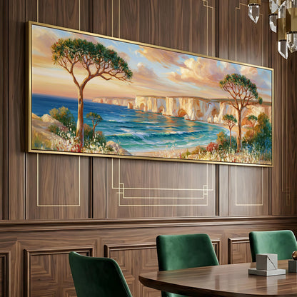 a large painting of a scenic landscape with a tree, ocean, and cliffs, hanging on a wooden wall above a dining table with green chairs.