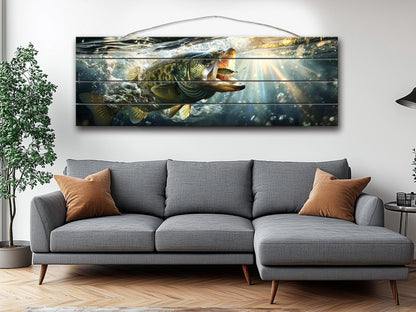 Largemouth Bass Wall Art – Rustic Natural Wood Print Fishing Decor