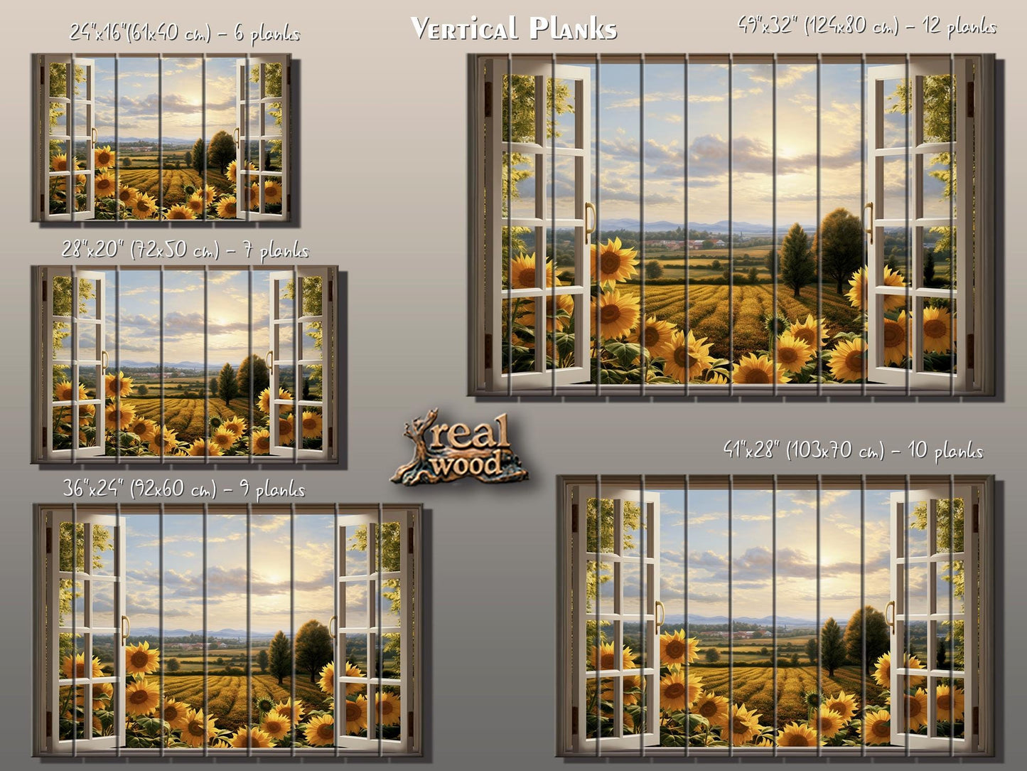 Rustic Wood Wall Art – Sunflowers Wall Art with Open Window Field View Print