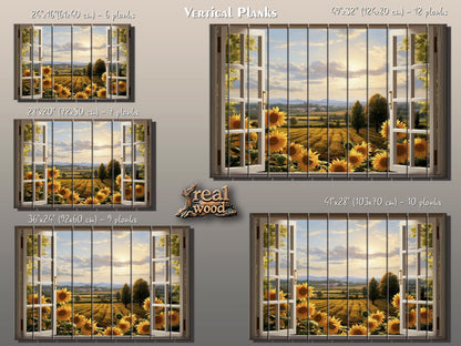Rustic Wood Wall Art – Sunflowers Wall Art with Open Window Field View Print