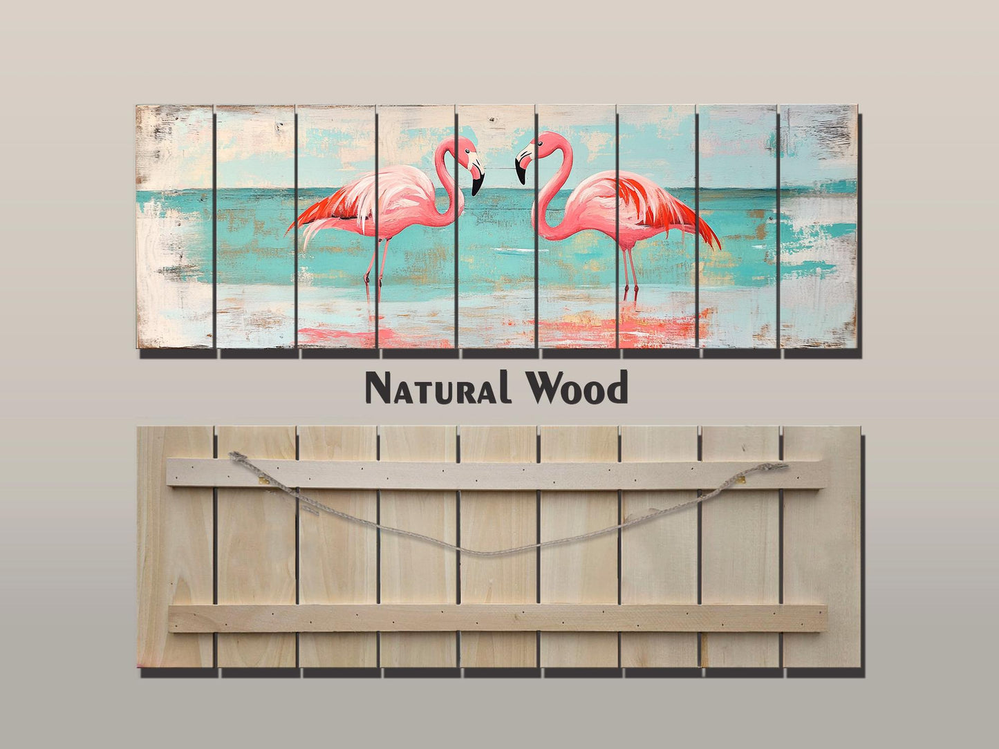Flamingo Couple Print on Natural Wood, Romantic Wall Art, Rustic Flamingo Painting, Flamingo Wall Art, Soft Tones Bedroom Wall Decor