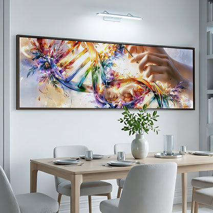 a large, colorful painting of a flower and a person's hand on a white wall above a wooden dining table with white chairs.