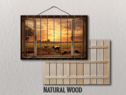 Rustic Wood Wall Art – Open Window Farmhouse Landscape Decor on Natural Wood Planks