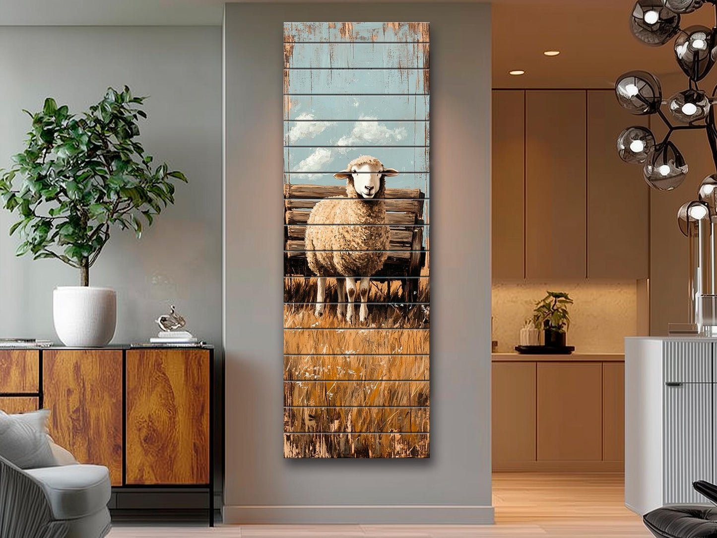 Rustic Wood Wall Art – Sheep Printed on Natural Wood Art – Rustic Farm Wall Decor – Folk Style Animal Print on Wood, Farmhouse Wall Art
