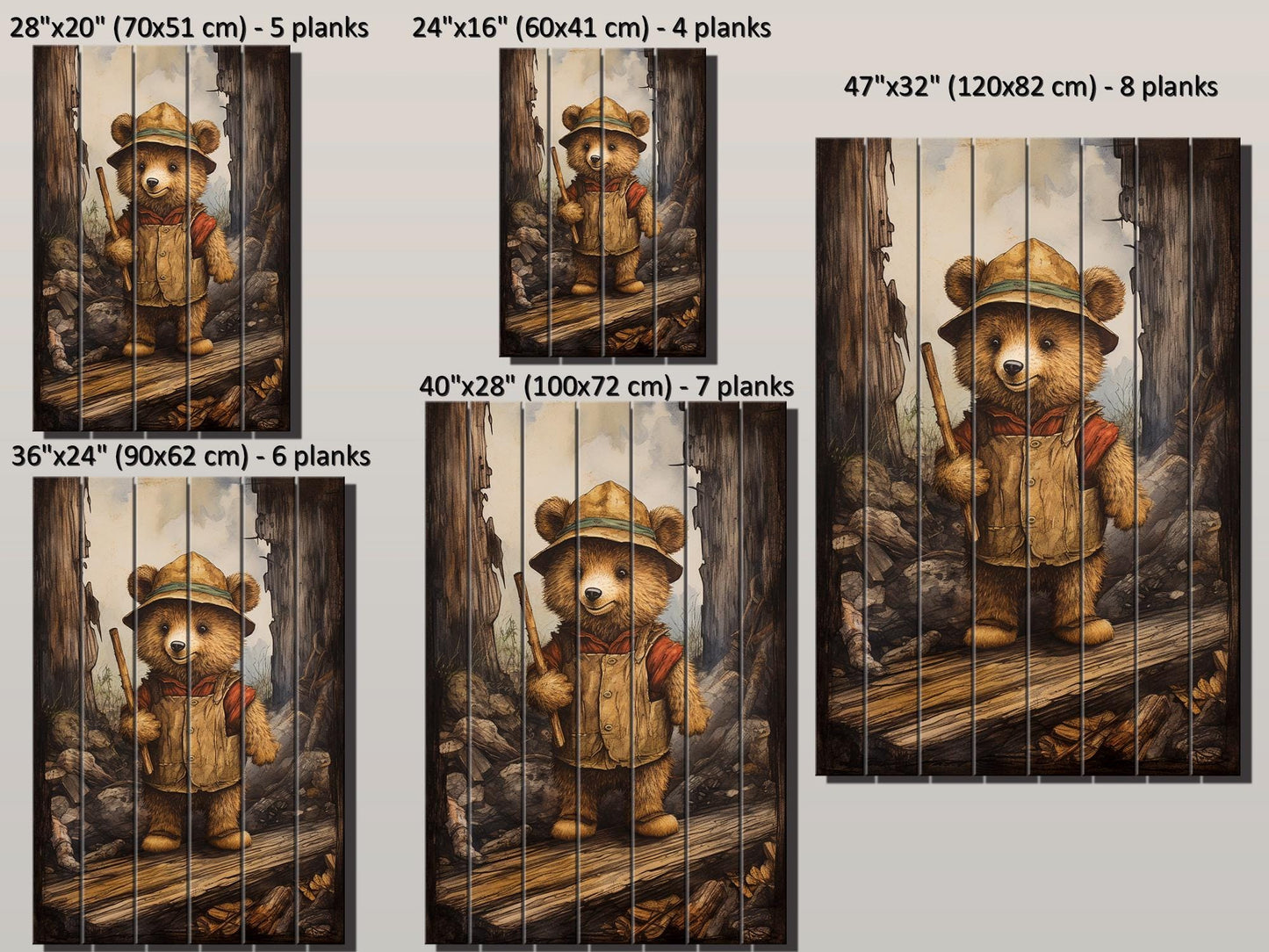 Rustic Hiking Bear Print on Natural Wood – Nursery Animal Wall Art