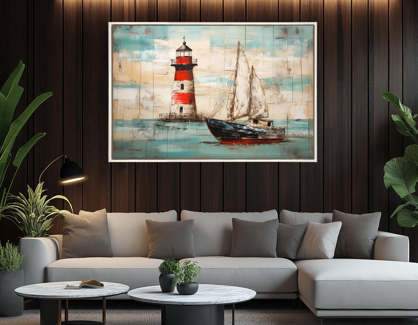 Nautical Wall Art - Rustic Lighthouse Canvas Print With Sailboat Painting, Framed & Ready To Hang