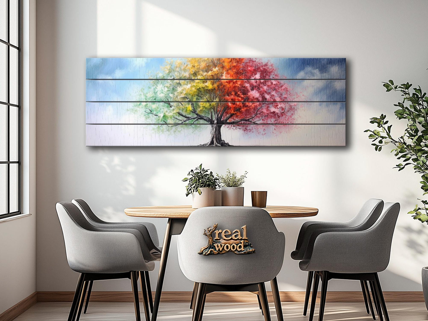 Wood Wall Art – Four Season Tree Print | Colorful Wood Art on Wooden Plank