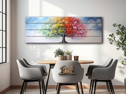 Wood Wall Art – Four Season Tree Print | Colorful Wood Art on Wooden Plank
