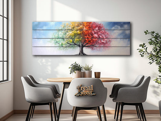 Wood Wall Art – Four Season Tree Print | Colorful Wood Art on Wooden Plank