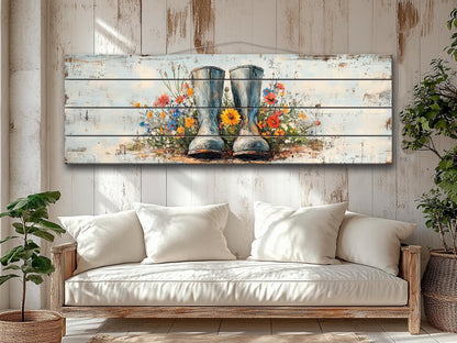 Rustic Wood Wall Art – Rain Boots Wall Art With Wildflowers Wood Print | Cozy Cabin Decoration