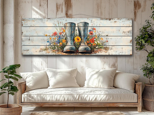 Rustic Wood Wall Art – Rain Boots Wall Art With Wildflowers Wood Print | Cozy Cabin Decoration