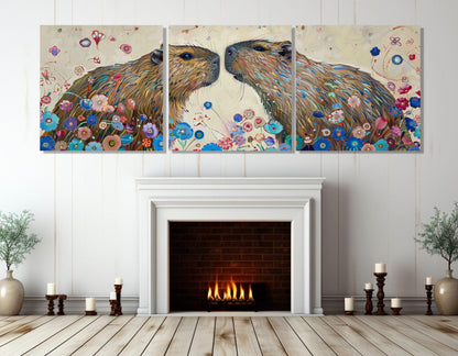 Capybaras Couple Painting - Romantic Wall Art | Framed Canvas Print Ready to Hang