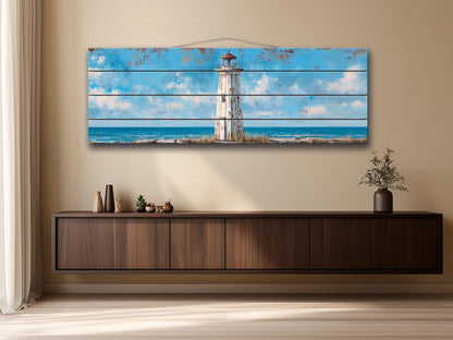 Lighthouse Print Wood – Coastal Wall Art | Rustic Nautical Decor, Serene Seaside Painting