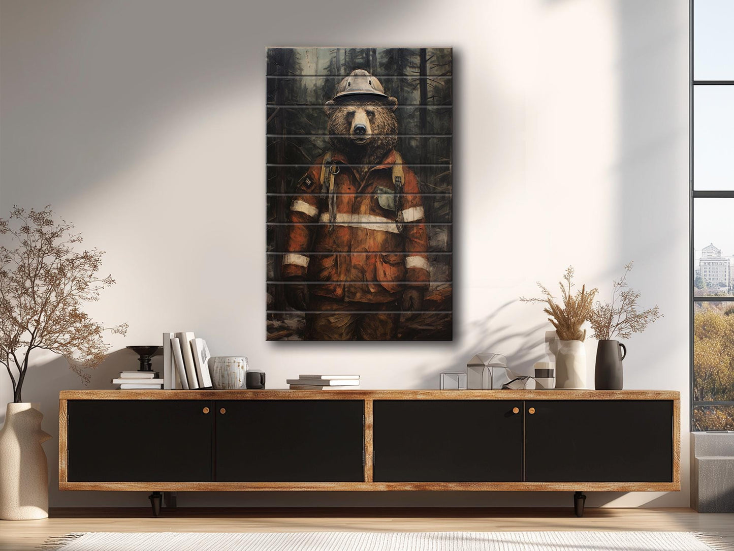 Rustic Fireman Bear Print on Natural Wood – Nursery Animal Wall Art