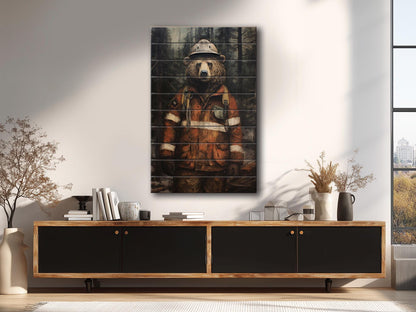 Rustic Fireman Bear Print on Natural Wood – Nursery Animal Wall Art