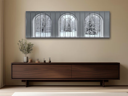 Winter Windows Print on Wood – Snowy Landscape Wall Art, Rustic White Arched Window Decor