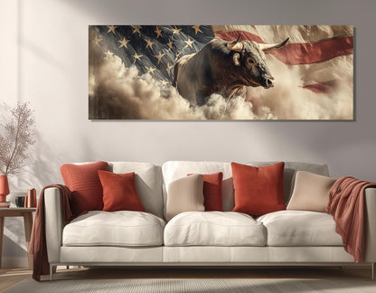 Rodeo Bull on the US Flag Canvas Print, Western Wall Art, Framed and Ready to Hang