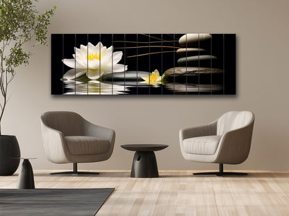 White Lily Wood Print – Natural Wood Wall Art | Zen Spa Decor on Black Background