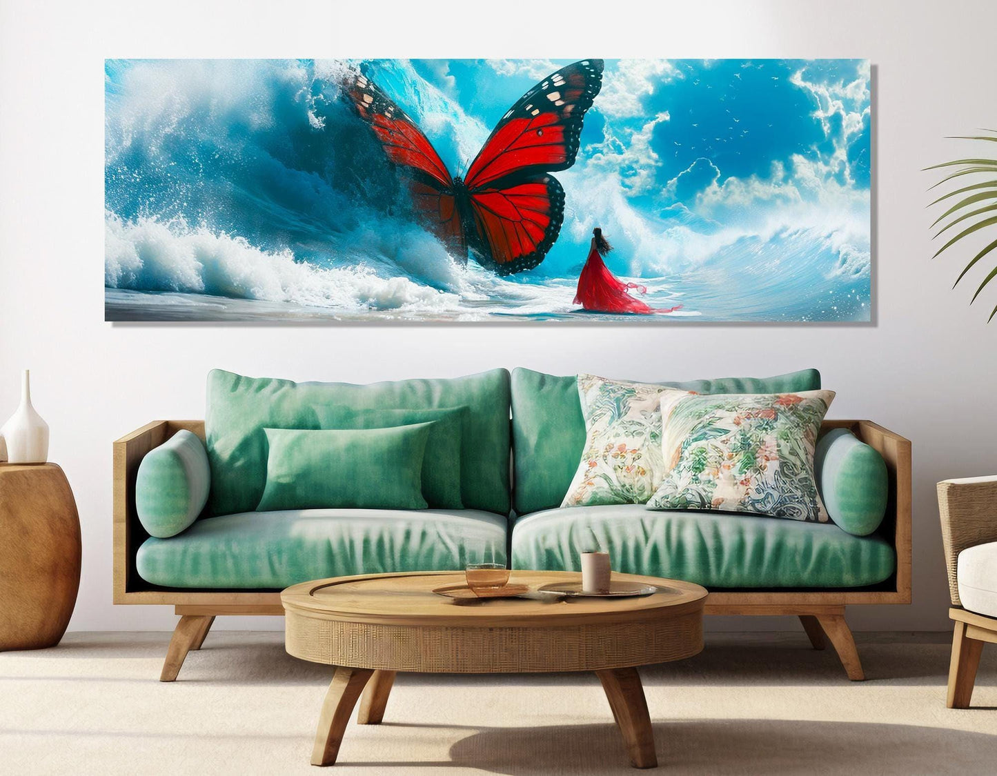 Large Abstract Canvas Print, Red Butterfly in Sea Wave, Framed and Ready to Hang
