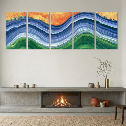 a modern living room with a fireplace, a concrete mantle, and a large abstract painting above it. The painting has vibrant colors and depicts a wave-like pattern. The fireplace has a fire burning, and there are several decorative items on the mantle, including vases and a potted plant.