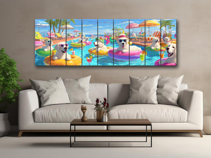 Golden Retriever Wall Art – Playful Pool Party Dog Print on Rustic Wood