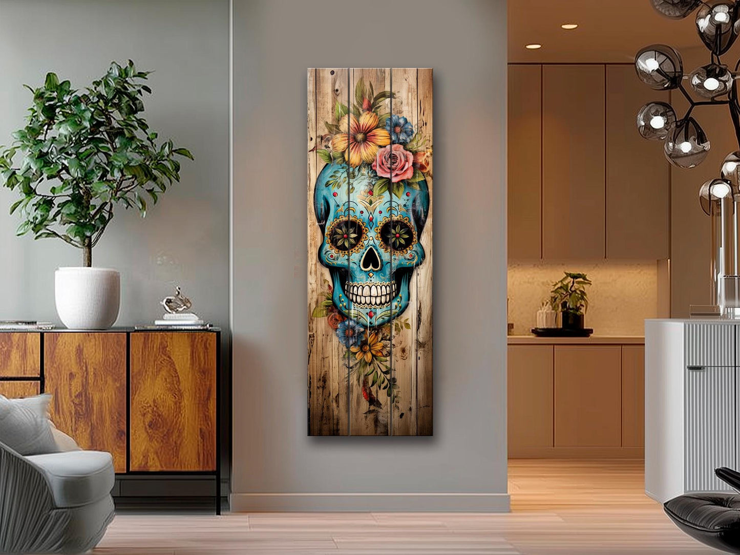 Mexican Sugar Skull Art – Rustic Wood Wall Decor | Vibrant Floral Skull Print