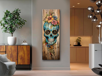 Mexican Sugar Skull Art – Rustic Wood Wall Decor | Vibrant Floral Skull Print