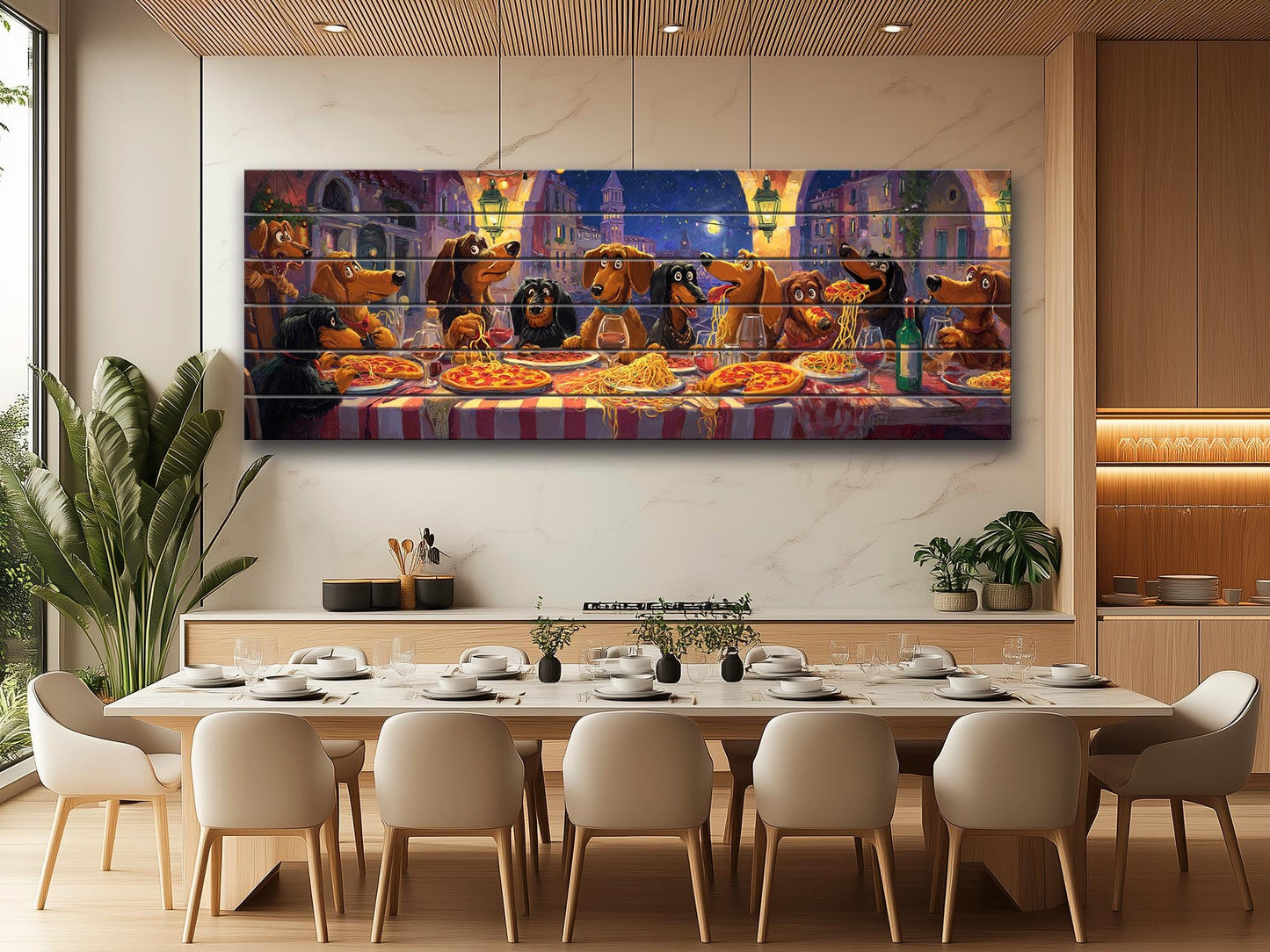 Dachshund Pizza Art – Rustic Wood Wall Art With Playful Dog Party Painting