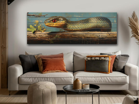 Vintage Snake Wall Art – Rustic Wildlife Print on Wood Panel Decor