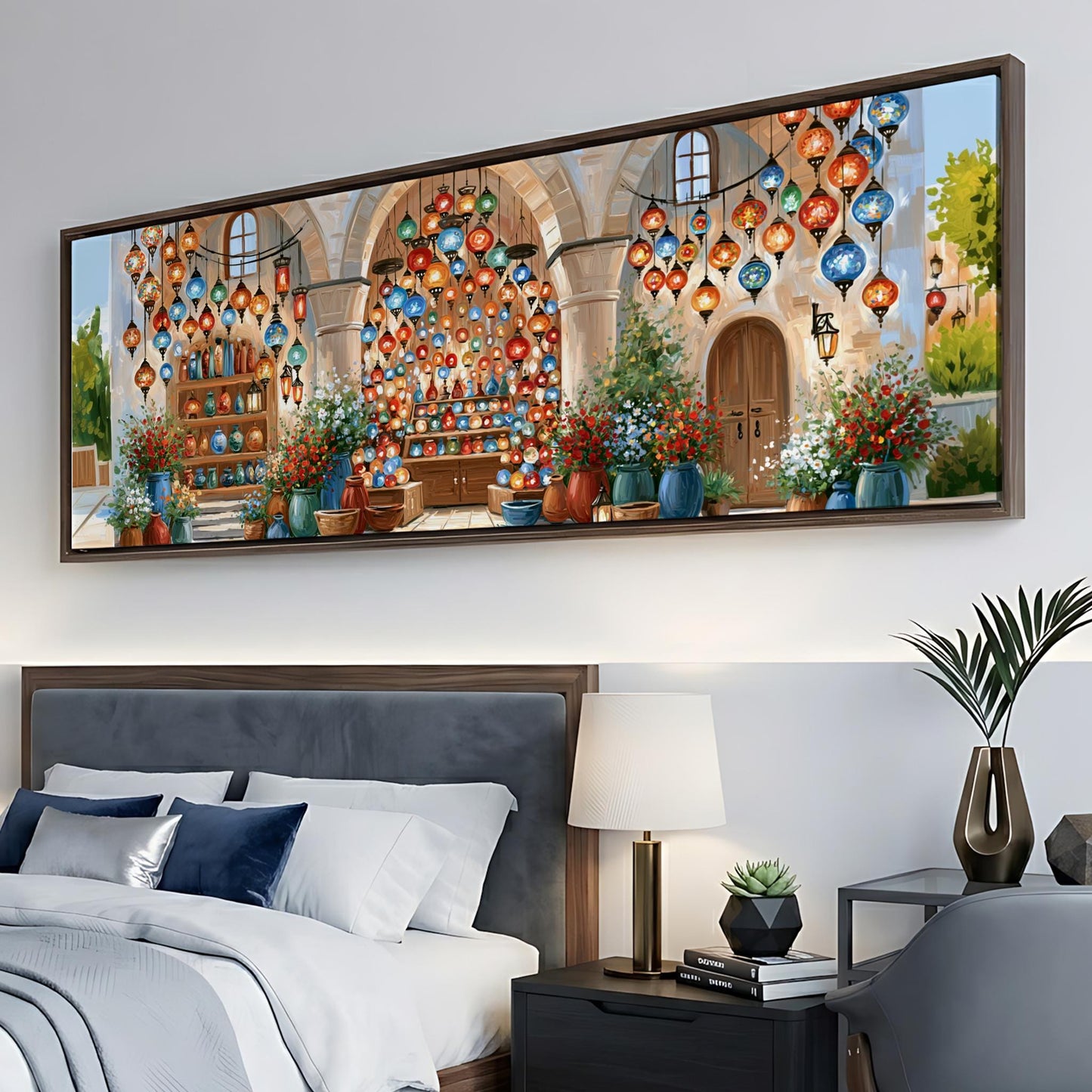 a bedroom with a large painting of a colorful, ornate building hanging on the wall above a bed.