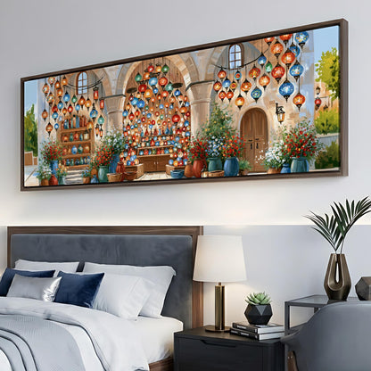 a bedroom with a large painting of a colorful, ornate building hanging on the wall above a bed.