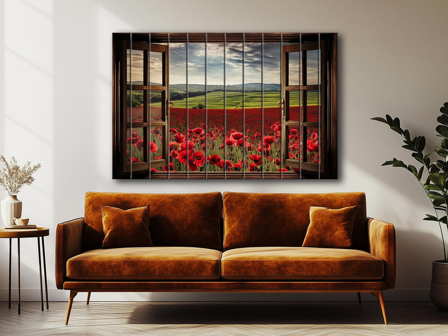 Wood Wall Art – Faux Window Print with Poppy Field Painting | Rustic Farmhouse Decor