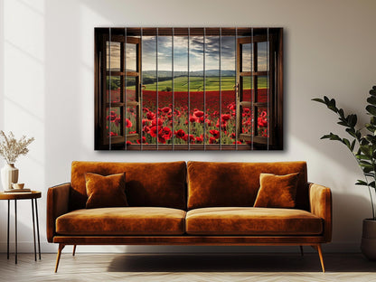 Wood Wall Art – Faux Window Print with Poppy Field Painting | Rustic Farmhouse Decor