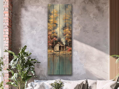Wood Wall Art - Lakeside Fishing Cabin Wall Art – Autumn Forest Print on Wood – Cozy Lake House Decor, Rustic Natural Wall Decor