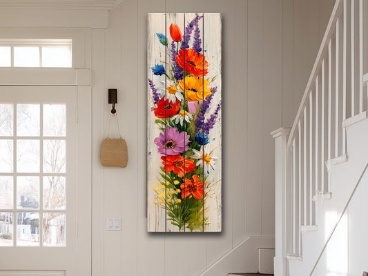 Rustic Wildflowers Bouquet Print on Natural Wood, Cozy Cabin Wall Decor, Floral Wood Wall Art, Wildflowers Painting, Colorful Floral Print
