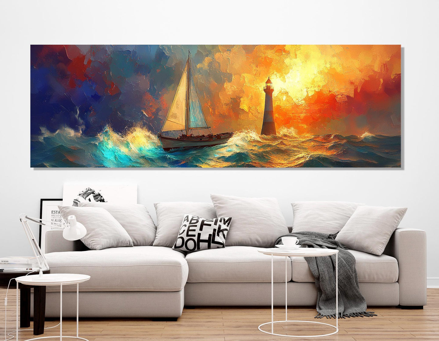 Sailboat Lighthouse Painting – Framed Canvas Print | Nautical Wall Art Storm Canvas