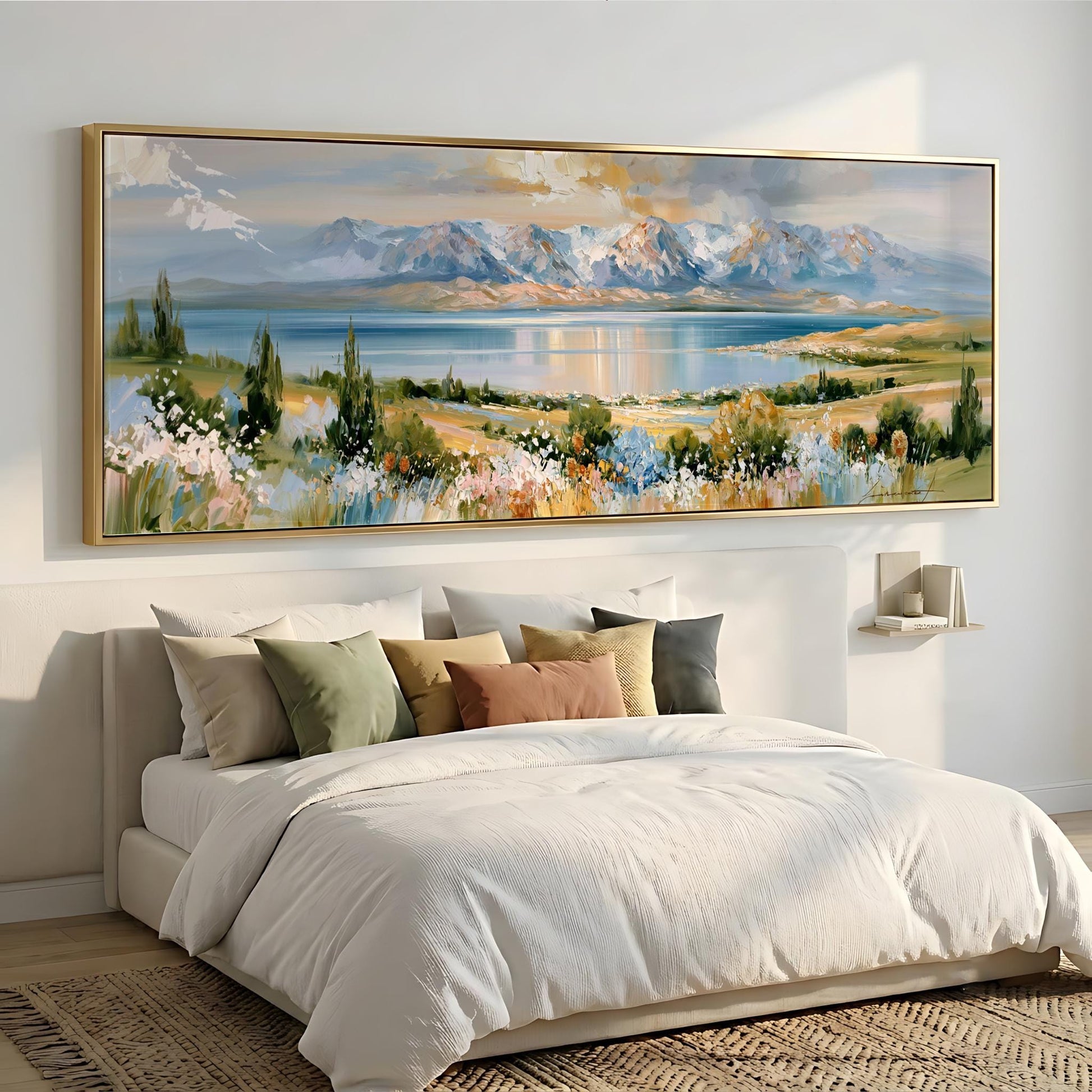a large, framed painting of a serene landscape with mountains, a lake, and a field of flowers hanging above a bed with white bedding and colorful pillows.