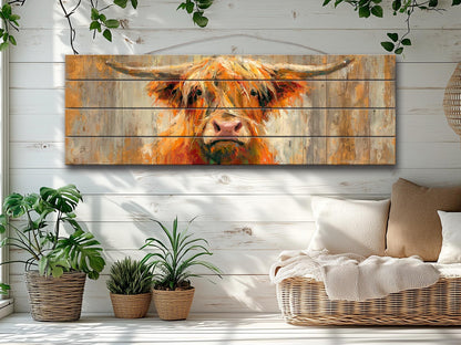 Rustic Wood Wall Art – Cheerful Highland Cow Print | Farmhouse Wall Decor