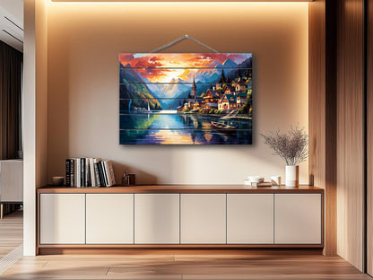 Wood Wall Art – Hallstatt Lake Print on Wood | Alpine Landscape Rustic Decor