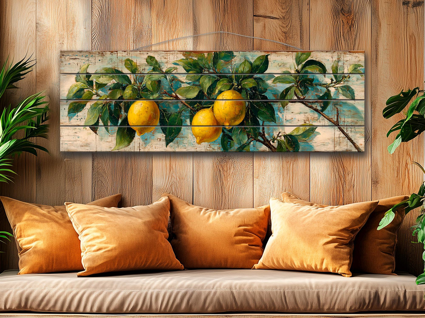 Wood Wall Art – Mediterranean Lemon Tree Painting Printed on Natural Wood, Rustic Lemon Tree Print, Cabin Wall Decor, Kitchen Wall Art