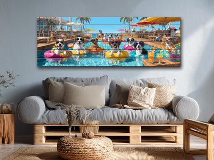 Dogs Tropical Pool Bar Print – Funny Summer Dog Wall Art on Wood Panel