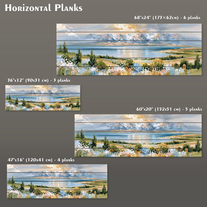 three different sizes of horizontal planks, each depicting a landscape scene with mountains, trees, and a body of water. The planks vary in size, ranging from 60 inches to 17.5 centimeters, and each one shows a different perspective of the same landscape.