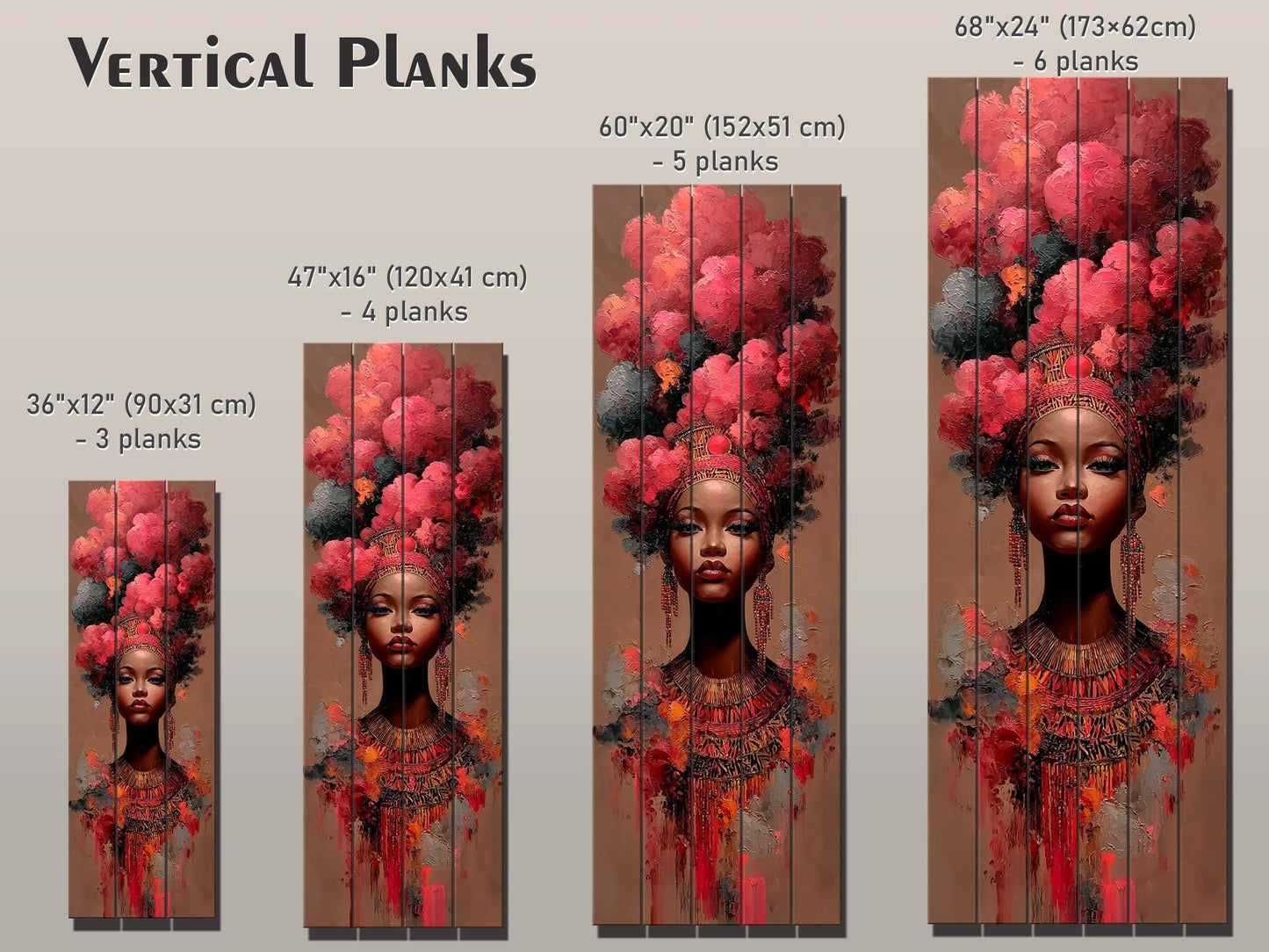 African Woman Wood Print – Tribal Wall Art With Red Cloud Headdress, Ready to Hang