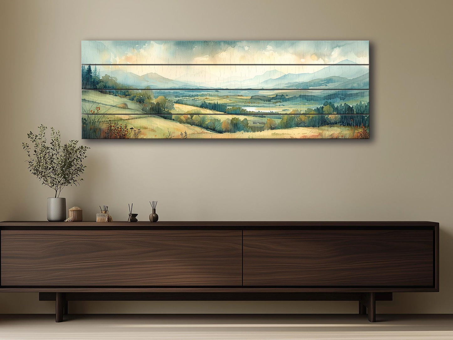 Rustic Wood Wall Art - Panoramic Natural Wood Print | Green Meadow Wooden Wall Decor