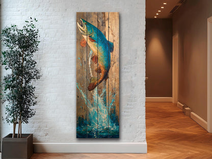 Rustic Wood Wall Art - Trout Painting Print on Wood – Fishing Wall Decor – Leaping Fish Print on Natural Wood