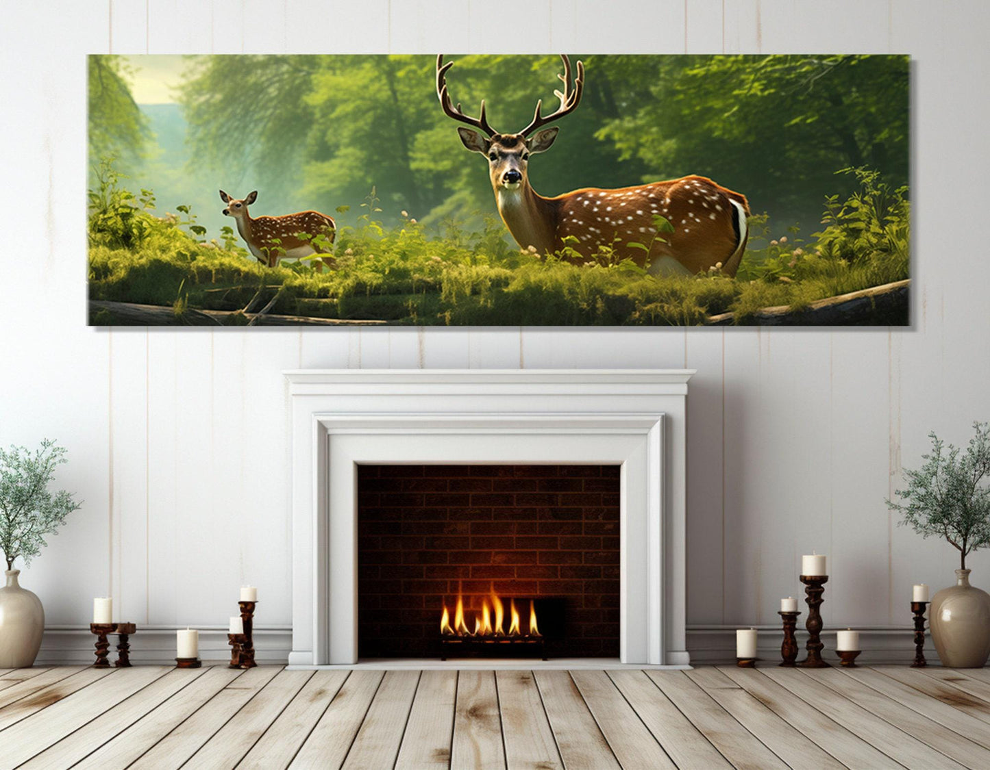 Deer Family Wall Art – Mother Deer with Fawn Forest Canvas Print, Framed & Ready to Hang