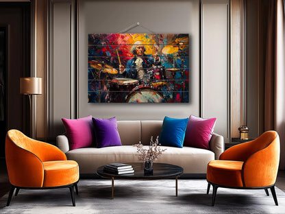 George Washington Playing Drums Abstract Painting Printed on Wood, Politician Gift, Drums Wall Art, Drummer Gift, Wood Print, Wood Wall Art