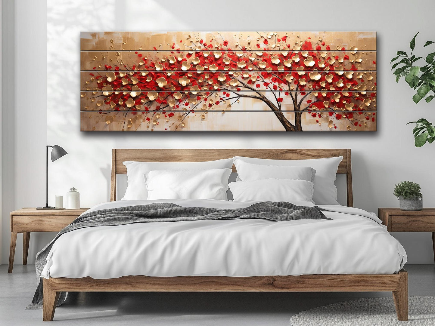 Red Gold Wood Print – Abstract Tree Wall Art On Natural Wood Panels